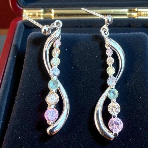 Vintage Silver Rainbow Drop Earrings W/ Multi Gemstones & Elegant Swirl Design - Picture 6 of 6